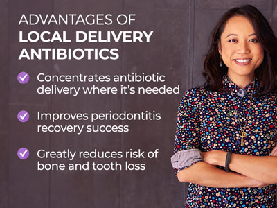 Smiling woman with arms folded with list of advantages of local delivery antibiotics